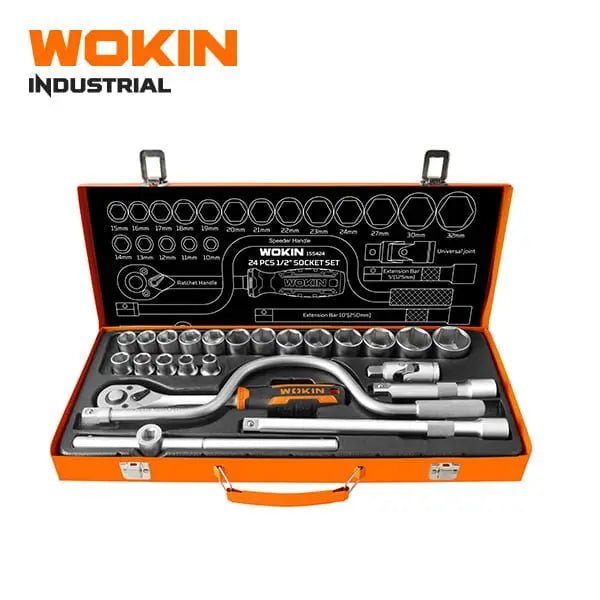 Een WOKIN industriële 24-stuk socketset in een oranje koffer, met zilverkleurige metalen onderdelen en een schroefspanner. Geschikt voor professioneel gebruik in garage of werkplaats.