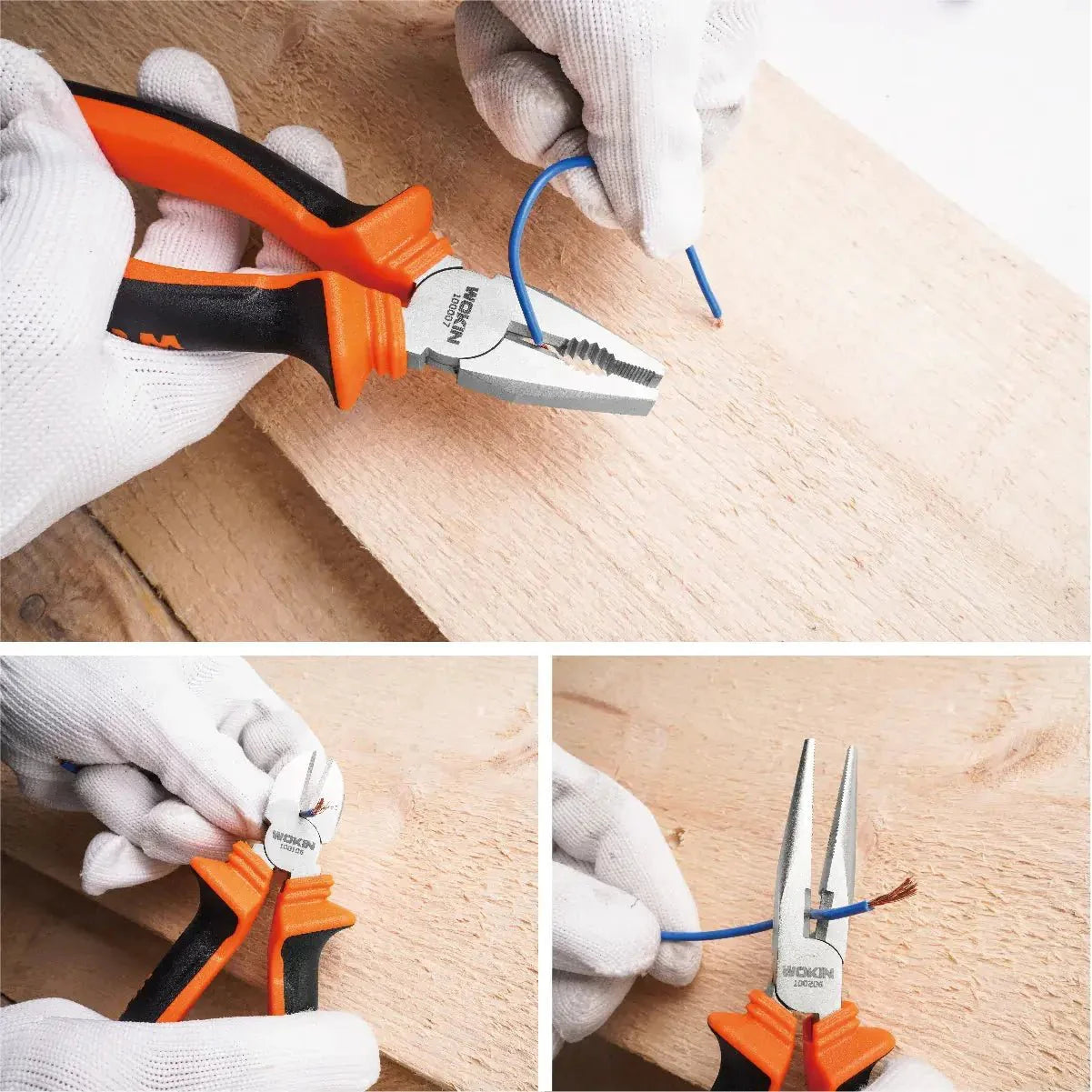Wokin schroevendraaiers met oranje en zwarte handvatten en zilverkleurige metalen klemmen, geschikt voor elektriciens en reparaties. Set van drie verschillende modellen voor precisiewerkzaamheden.