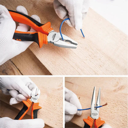 Wokin schroevendraaiers met oranje en zwarte handvatten en zilverkleurige metalen klemmen, geschikt voor elektriciens en reparaties. Set van drie verschillende modellen voor precisiewerkzaamheden.