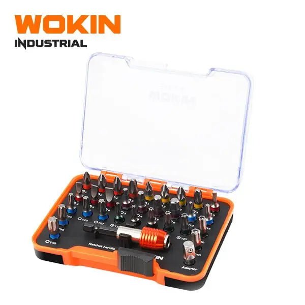 Wokin industriële schroevendraaier set met oranje handvat en diverse bitjes in een transparante kast, geschikt voor precisiewerkzaamheden en reparaties.