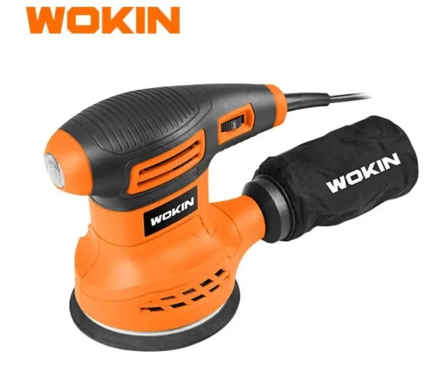 De WOKIN slijpborstel in levendig oranje en zwart, met een handvatbedekking en een ingebouwde lamp. Geschikt voor precisie-slijpen en polijsten van hout en metaal.