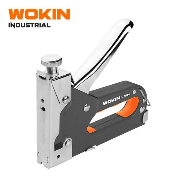Wokin industriële naaldensteker met zilverkleurige metalen constructie en oranje handgreep, model 217014, geschikt voor professioneel gebruik in werkplaatsen en bouwprojecten.