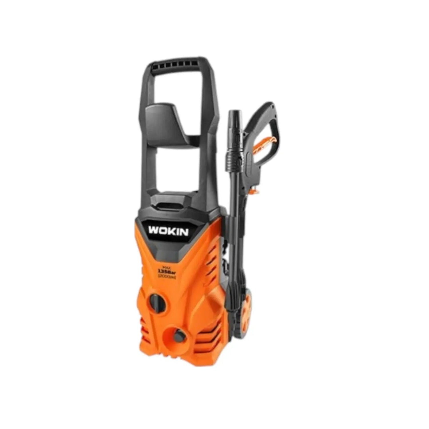 De Wokin waterstraler in oranje en zwart, met een handvat en slang, geschikt voor intensieve schoonmaak van terrassen en auto’s. Compacte, krachtige machine voor efficiënte buitenruimte reiniging.