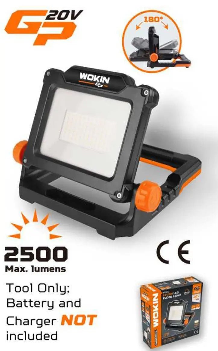Zwart en oranje WOKIN LED-werklicht met 2500 lumen, uitbreidbaar op 180°, geschikt voor bouw- en reparatiewerkzaamheden. CE-gekeurd en inclusief verpakking.