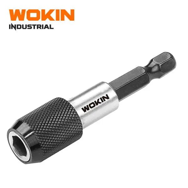 Wokin industriële schroevendraaierbit met zwart textuurde handvat en zilverkleurige steel, voor gebruik met schroefmachines. Geschikt voor precisie- en professionele toepassingen in de hout- en metaalwereld.