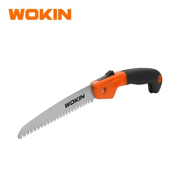 Wokin scherpe houtzaag met oranje en zwarte grip, zilverkleurig blad met scherpe tanden. Geschikt voor houtbewerking en tuinwerkzaamheden.